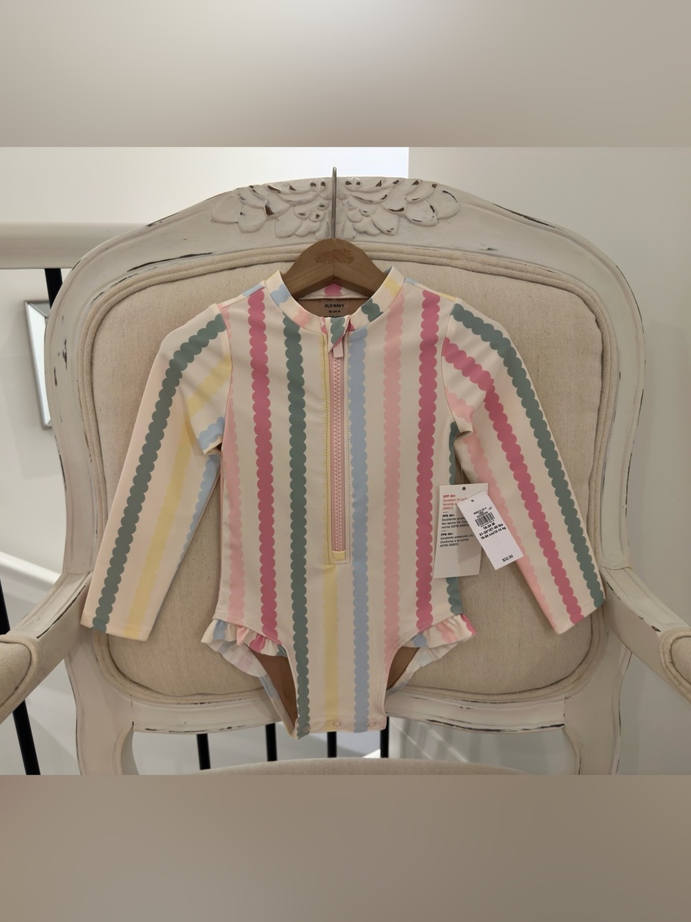 🤍 18~24 Mth Baby Girl Stripe Long Sleeve Ruffled Swimsuit Rashguard NWT